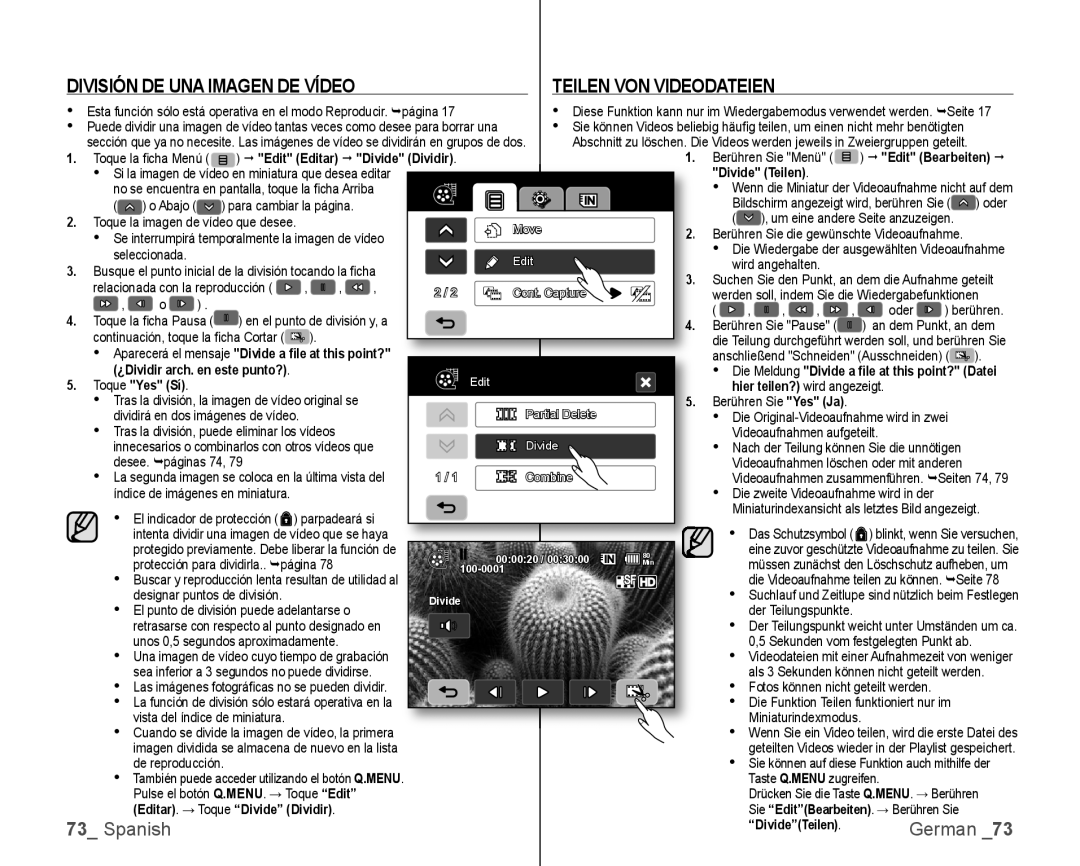 Samsung VP-HMX10C/XEE, VP-HMX10C/XEF, VP-HMX10C/XEO, VP-HMX10A/XEO Teilen VON Videodateien, División DE UNA Imagen DE Vídeo 