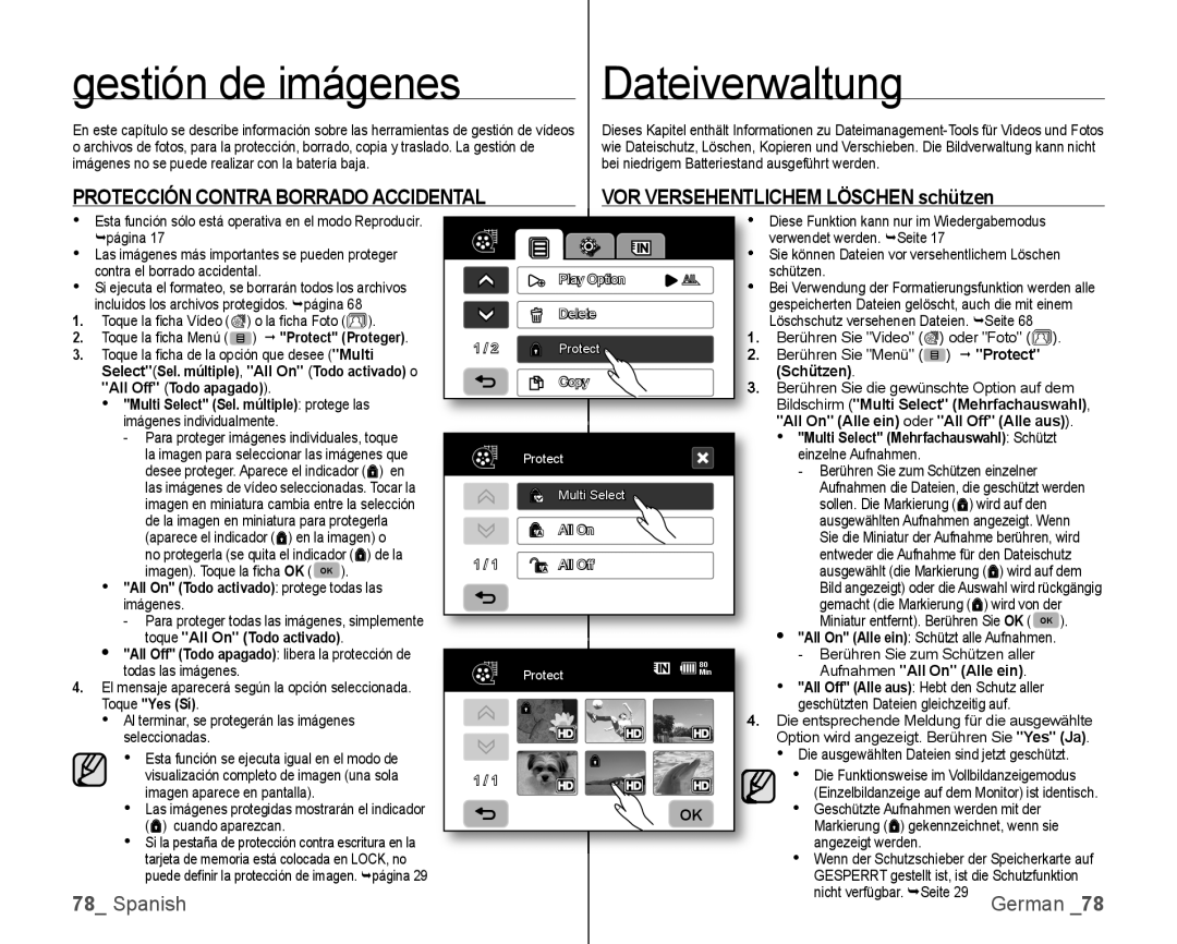 Samsung VP-HMX10C/XEE, VP-HMX10C/XEF manual Gestión de imágenes, Dateiverwaltung, VOR Versehentlichem Löschen schützen 