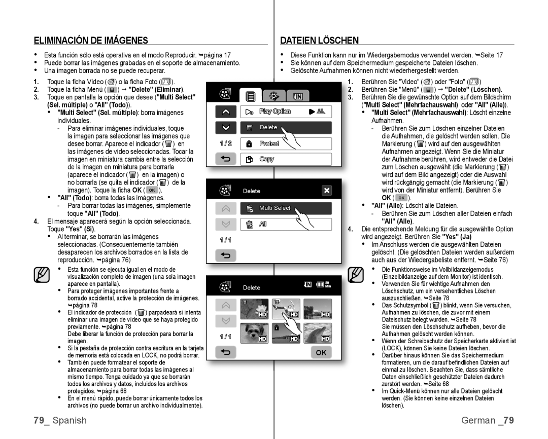 Samsung VP-HMX10C/XEO Eliminación DE Imágenes Dateien Löschen, Multi Select Sel. múltiple borra imágenes individuales 