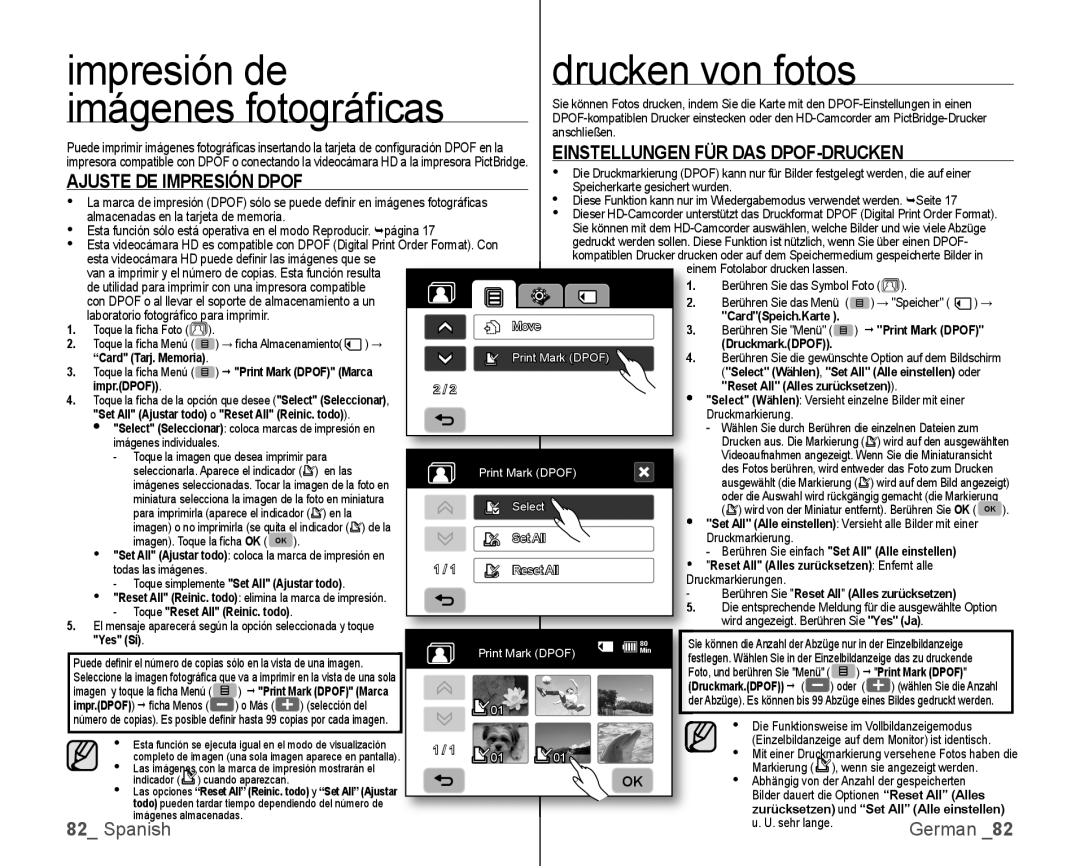 Samsung VP-HMX10C/XEF manual Impresión de Drucken von fotos Imágenes fotográﬁ cas, Einstellungen FÜR DAS DPOF-DRUCKEN 