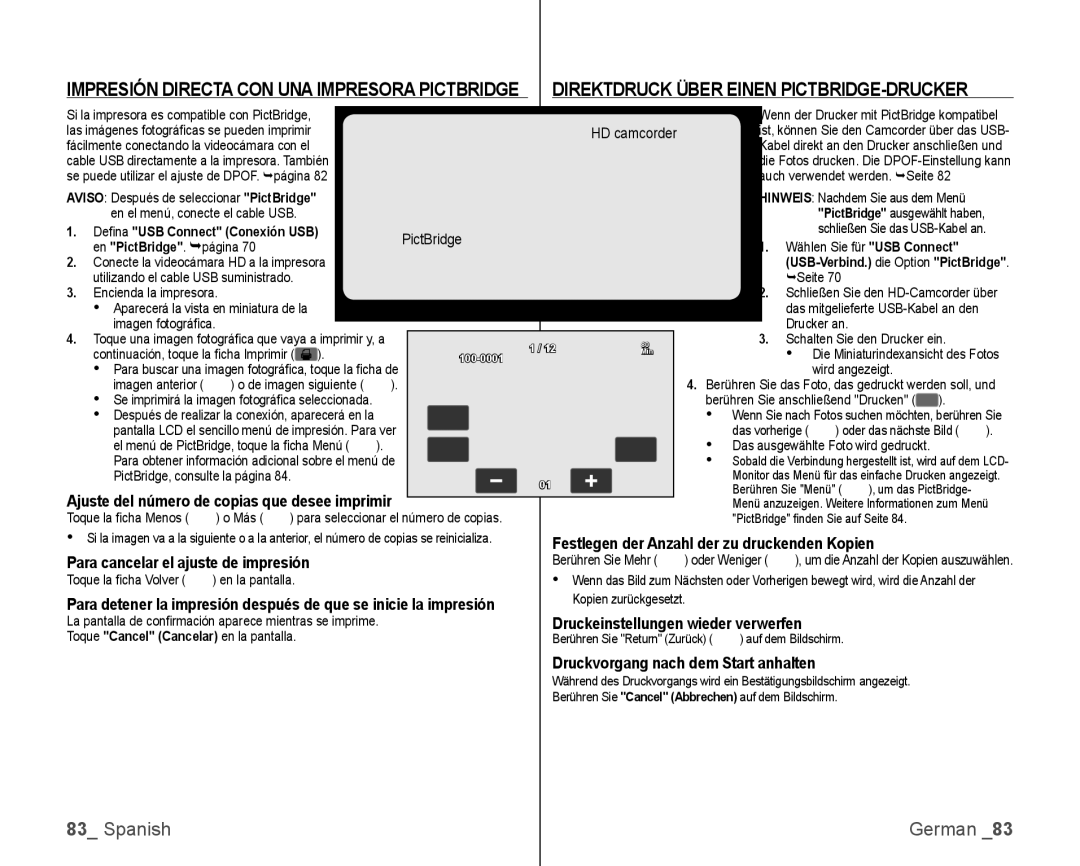 Samsung VP-HMX10C/XEE Druckvorgang nach dem Start anhalten, Deﬁ na USB Connect Conexión USB, Wählen Sie für USB Connect 