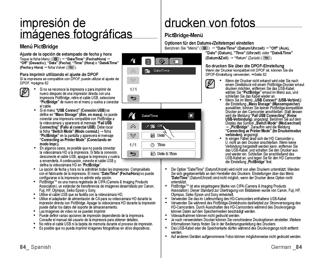 Samsung VP-HMX10C/XEO, VP-HMX10C/XEF manual PictBridge-Menü Menú PictBridge, Para imprimir utilizando el ajuste de Dpof 