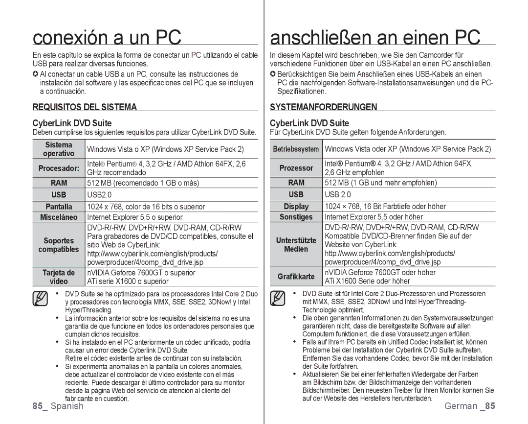 Samsung VP-HMX10A/XEO, VP-HMX10/XEO Conexión a un PC, Anschließen an einen PC, Requisitos DEL Sistema, CyberLink DVD Suite 