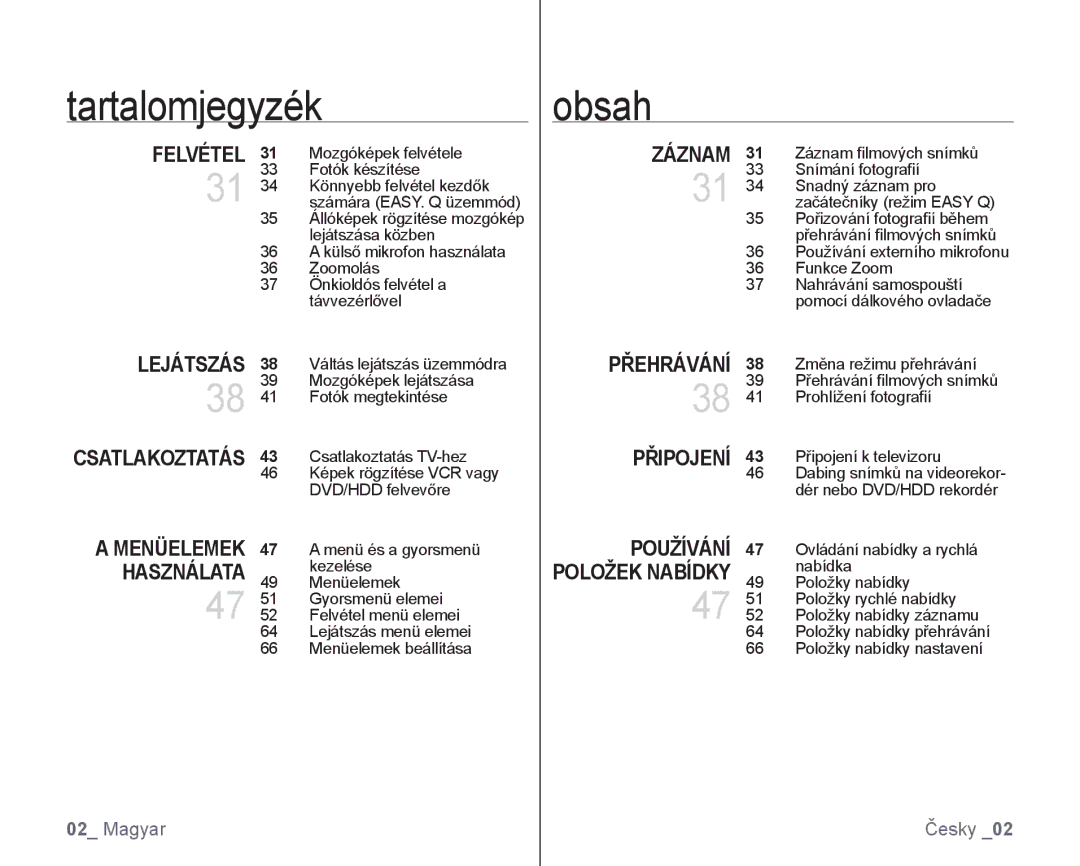 Samsung VP-HMX10C/XEO, VP-HMX10/XEO manual Tartalomjegyzék, Přehrávání 