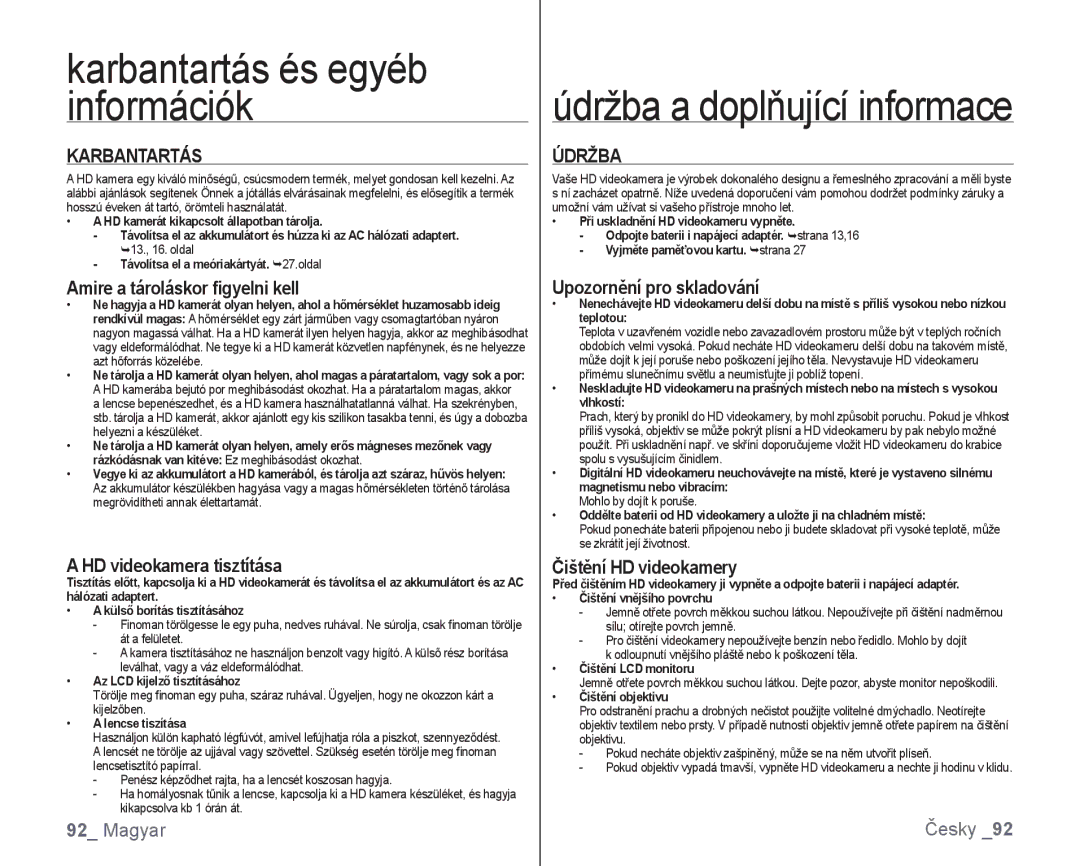 Samsung VP-HMX10C/XEO, VP-HMX10/XEO manual Karbantartás és egyéb információk, Údržba 