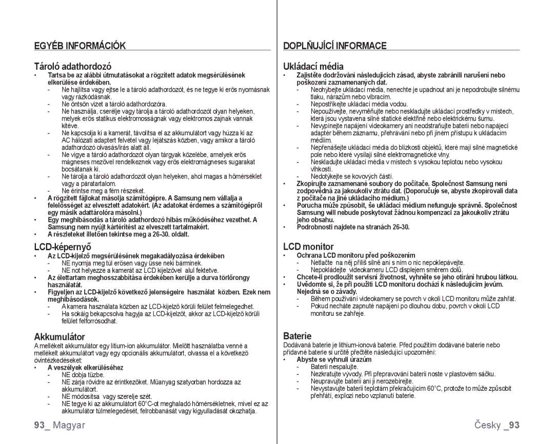 Samsung VP-HMX10/XEO, VP-HMX10C/XEO manual Egyéb Információk, Doplňující Informace 