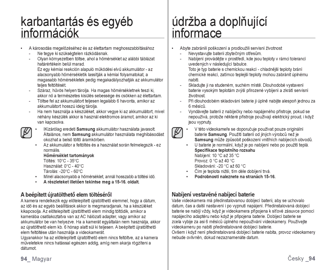 Samsung VP-HMX10C/XEO, VP-HMX10/XEO manual Beépített újratölthető elem töltéséről, Nabíjení vestavěné nabíjecí baterie 