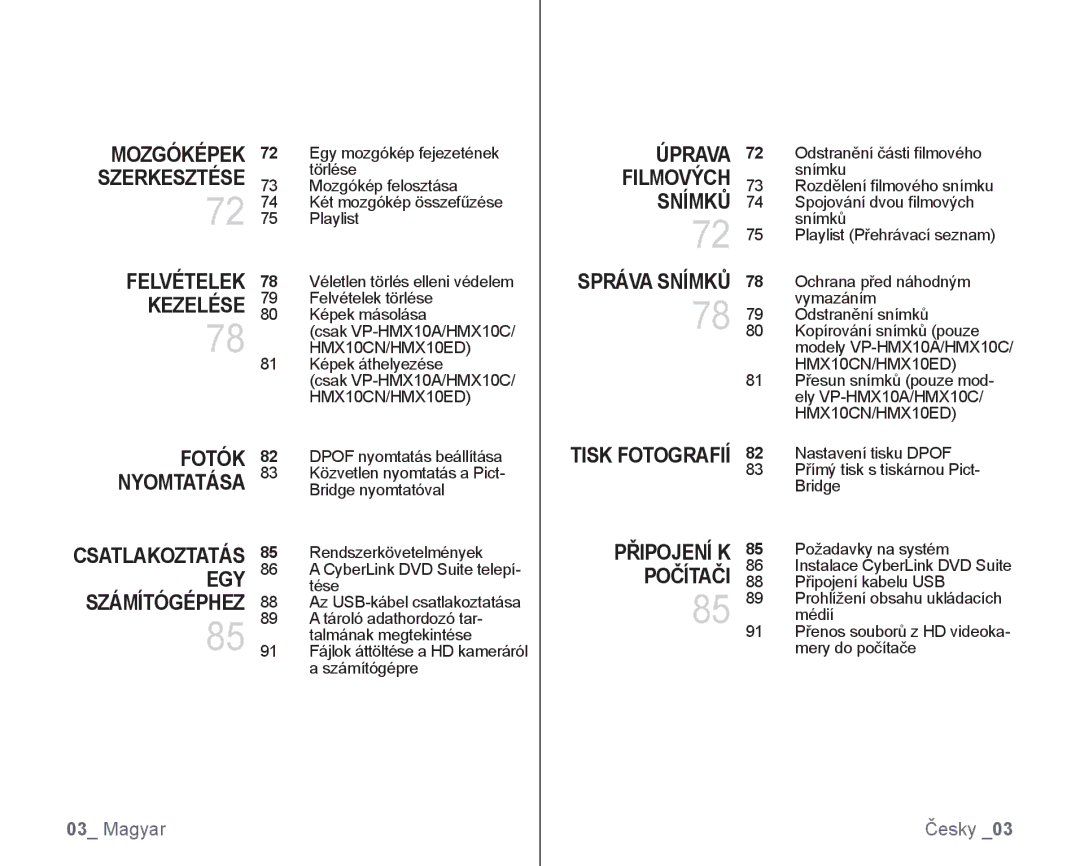 Samsung VP-HMX10/XEO, VP-HMX10C/XEO manual Mozgóképek Szerkesztése Felvételek Kezelése Fotók Nyomtatása 