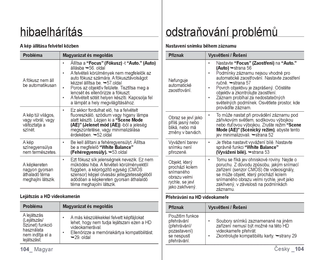 Samsung VP-HMX10C/XEO manual AE Jelenet mód AE -ból a jeleség, Fehéregyensúly. 53.oldal, Lejátszás a HD videokamerán 