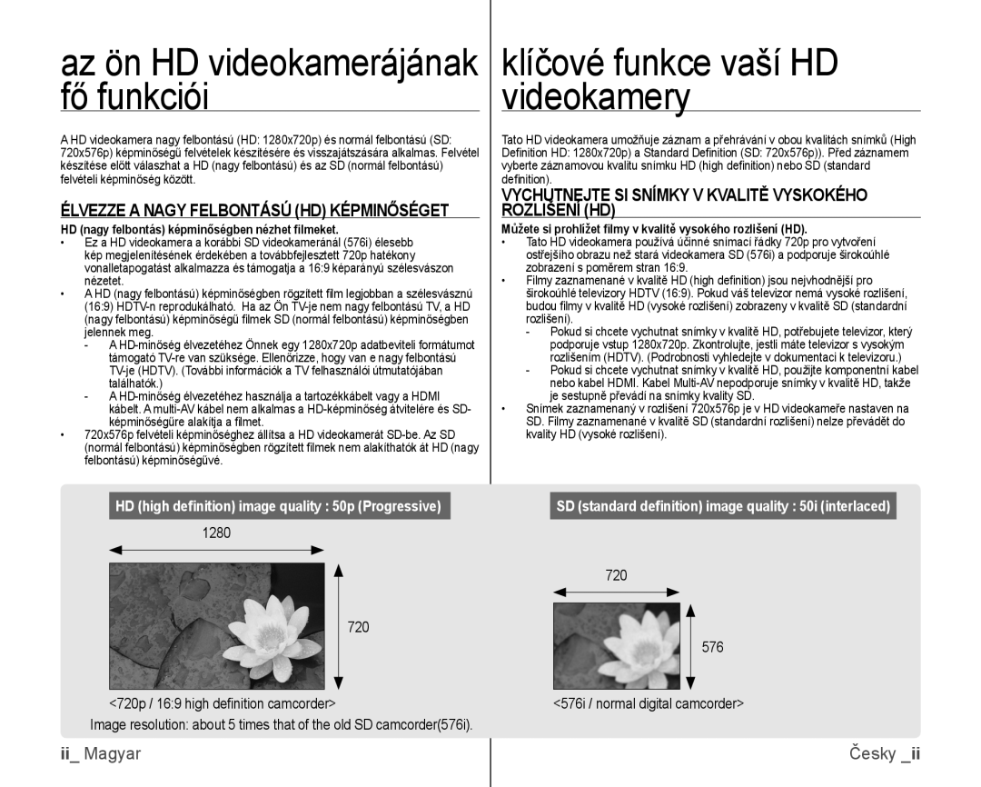 Samsung VP-HMX10C/XEO manual Klíčové funkce vaší HD, Fő funkciói Videokamery, Élvezze a Nagy Felbontású HD Képminőséget 