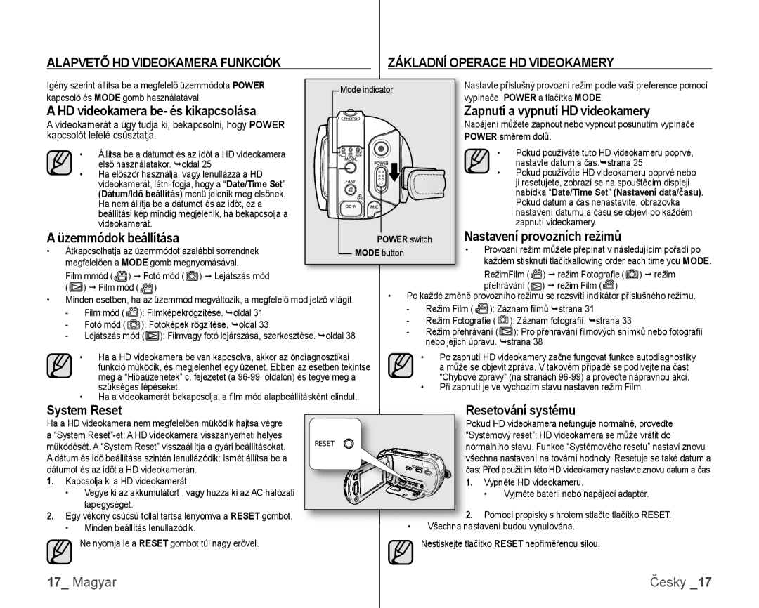 Samsung VP-HMX10/XEO manual Esetování systému, Kapcsolót lefelé csúsztatja, Nastavení provozních režimů, System Reset 