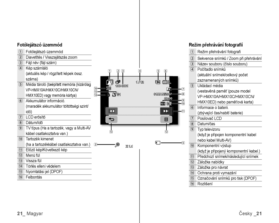 Samsung VP-HMX10/XEO manual Fotólejátszó üzemmód, Režim přehrávání fotograﬁí, Ukládací média Vestavěná paměť pouze model 