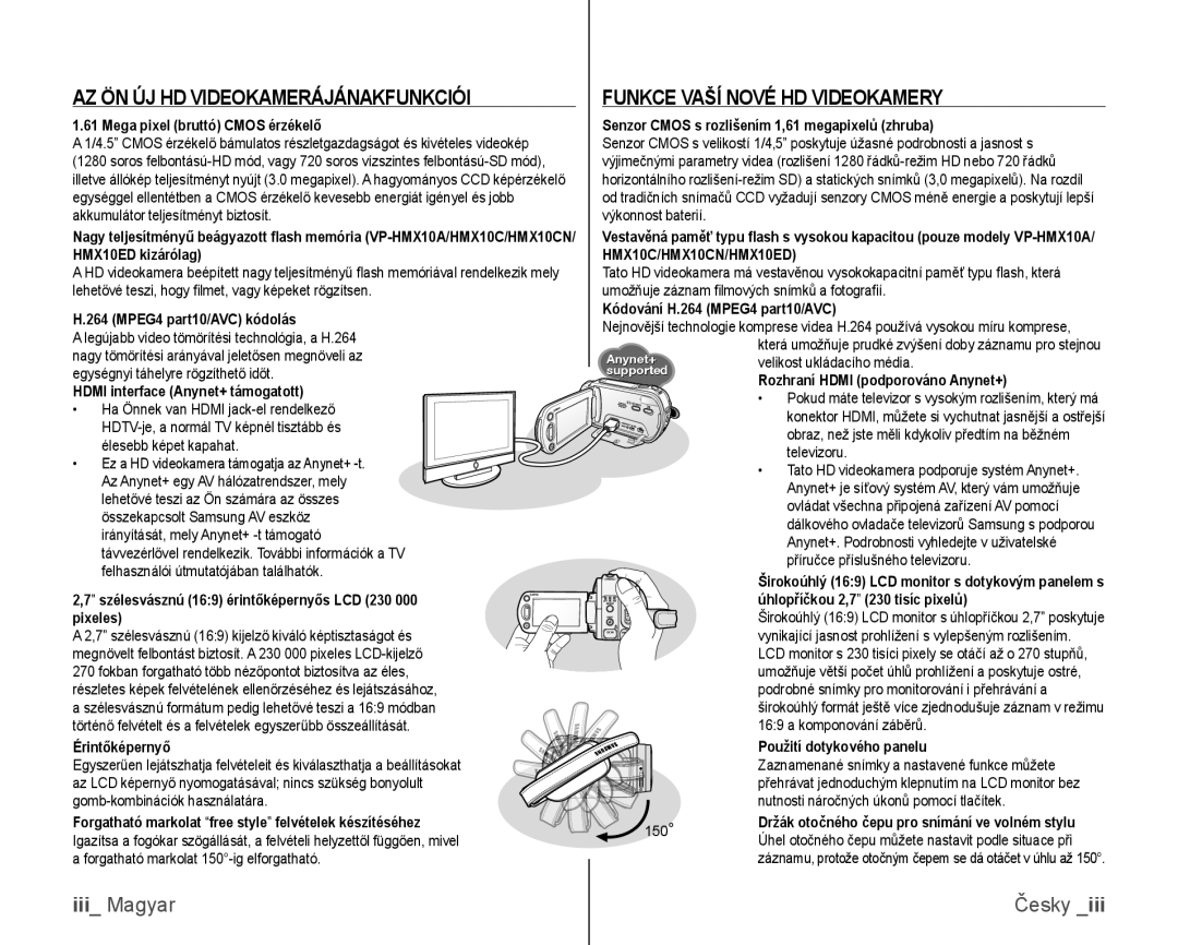 Samsung VP-HMX10/XEO, VP-HMX10C/XEO manual AZ ÖN ÚJ HD Videokamerájánakfunkciói, Funkce Vaší Nové HD Videokamery 