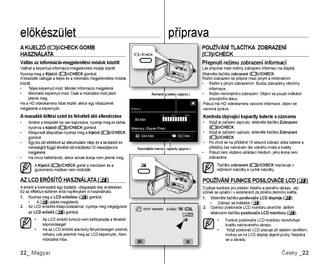 Samsung VP-HMX10C/XEO manual Kijelző /iCHECK Gomb Használata, AZ LCD Erősítő Használata, Oužívání Funkce Posilovače LCD 