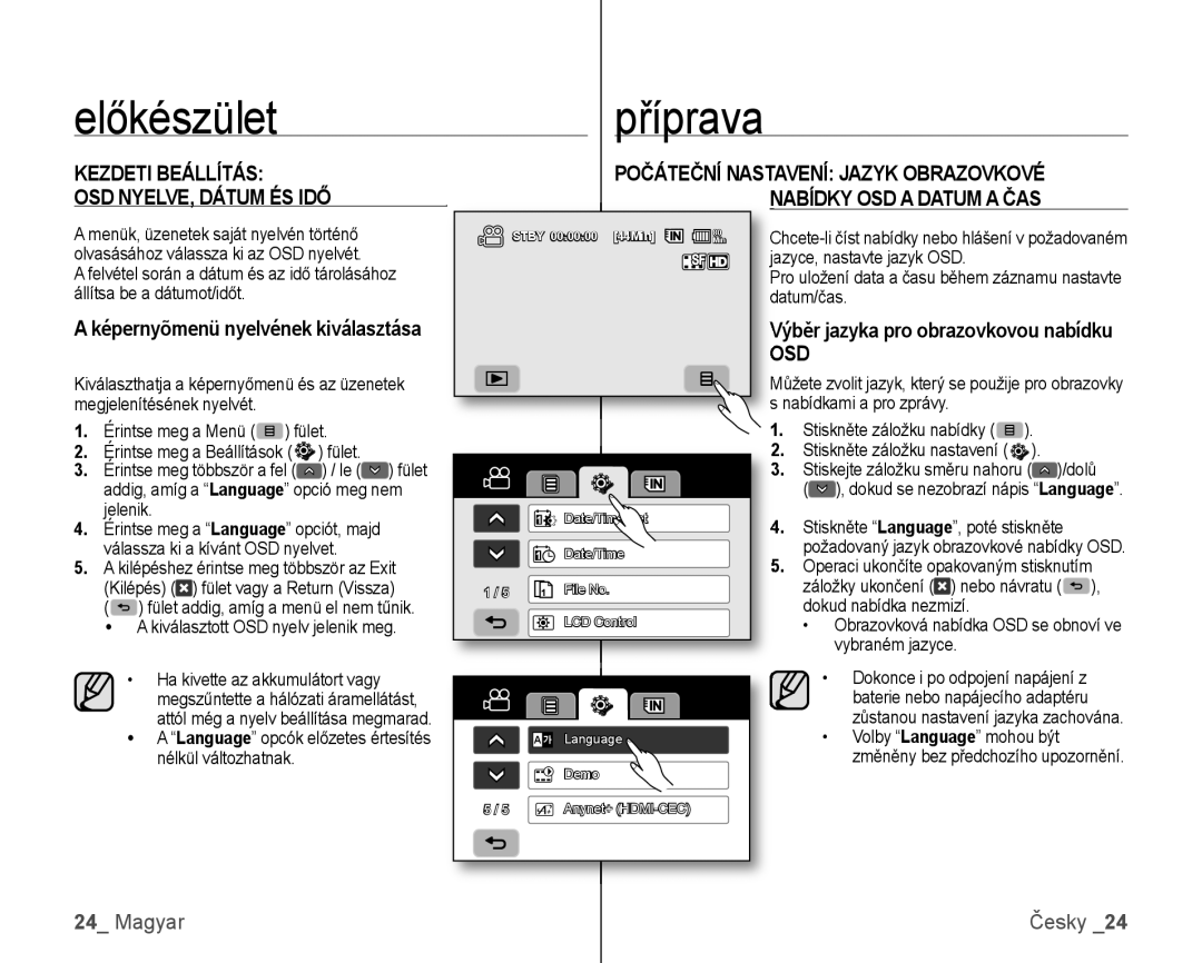 Samsung VP-HMX10C/XEO, VP-HMX10/XEO manual Kezdeti Beállítás OSD NYELVE, Dátum ÉS IDŐ, Képernyõmenü nyelvének kiválasztása 