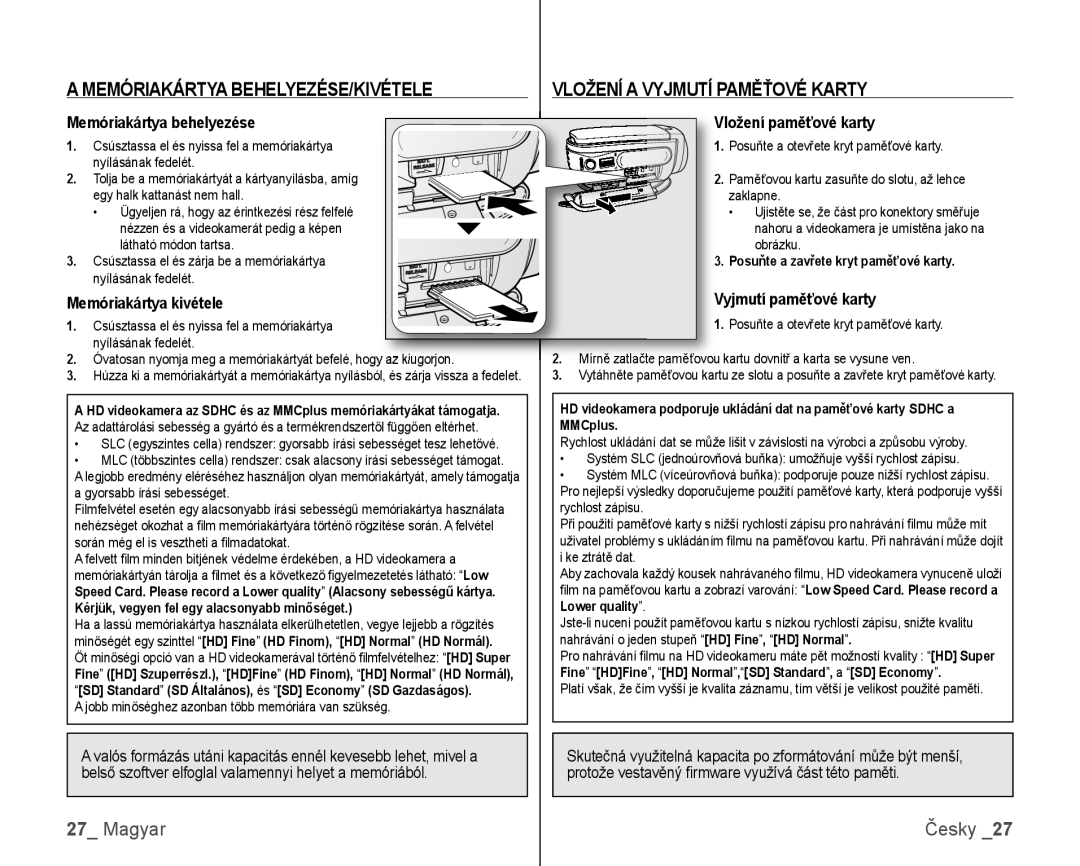 Samsung VP-HMX10/XEO, VP-HMX10C/XEO manual Memóriakártya BEHELYEZÉSE/KIVÉTELE, Vložení a Vyjmutí Paměťové Karty 