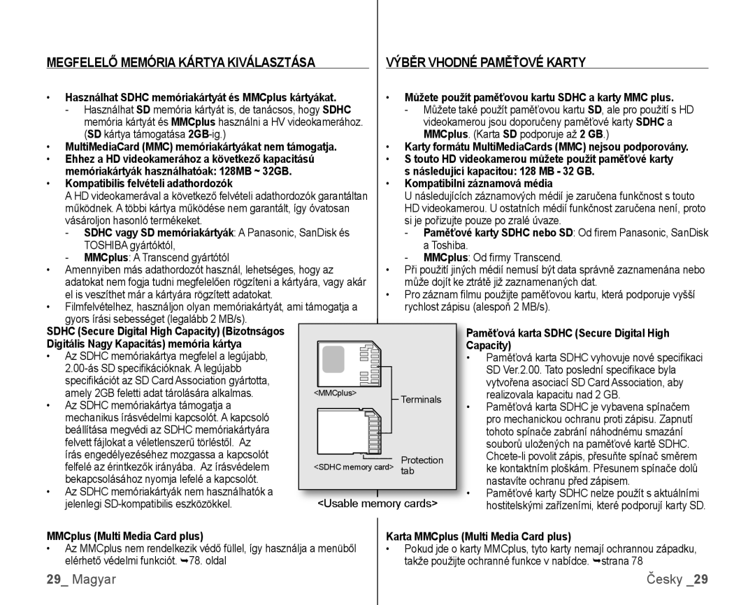 Samsung VP-HMX10/XEO Használhat Sdhc memóriakártyát és MMCplus kártyákat, Ehhez a HD videokamerához a következő kapacitású 