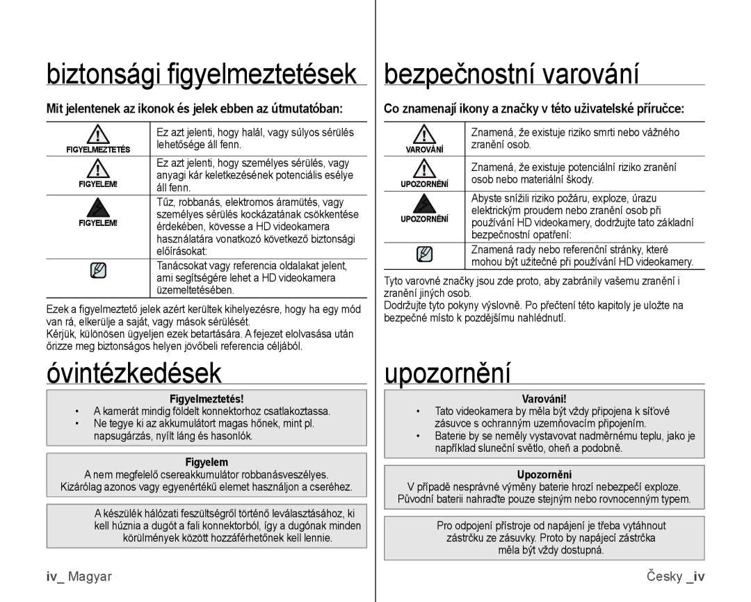 Samsung VP-HMX10C/XEO, VP-HMX10/XEO manual Óvintézkedések, Bezpečnostní varování, Upozornění 