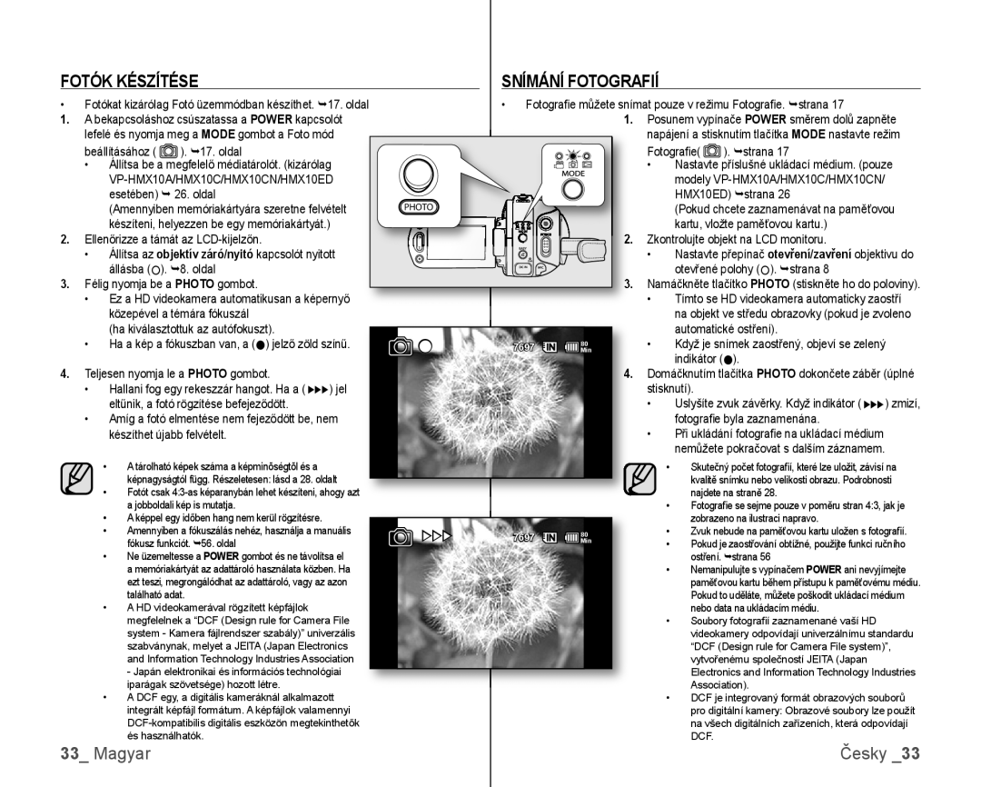 Samsung VP-HMX10/XEO, VP-HMX10C/XEO manual Fotók Készítése Snímání Fotografií 