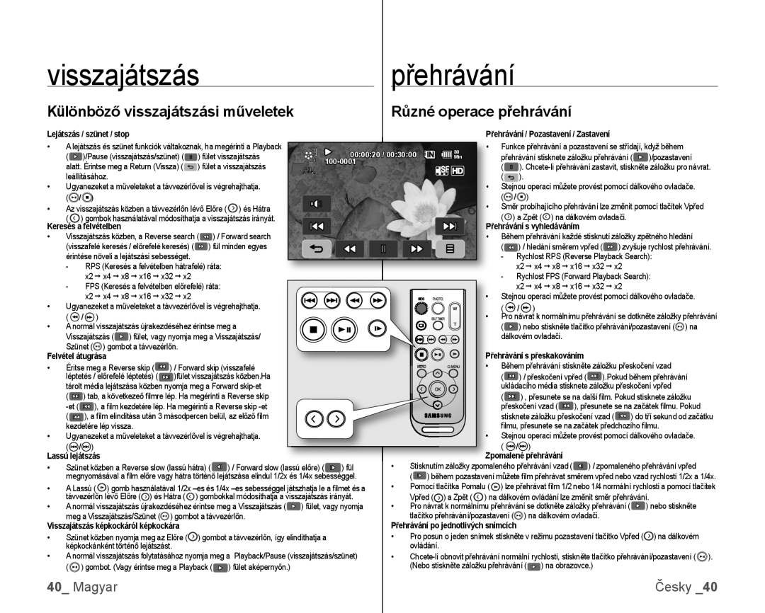 Samsung VP-HMX10C/XEO, VP-HMX10/XEO Különböző visszajátszási műveletek Různé operace přehrávání, Lejátszás / szünet / stop 