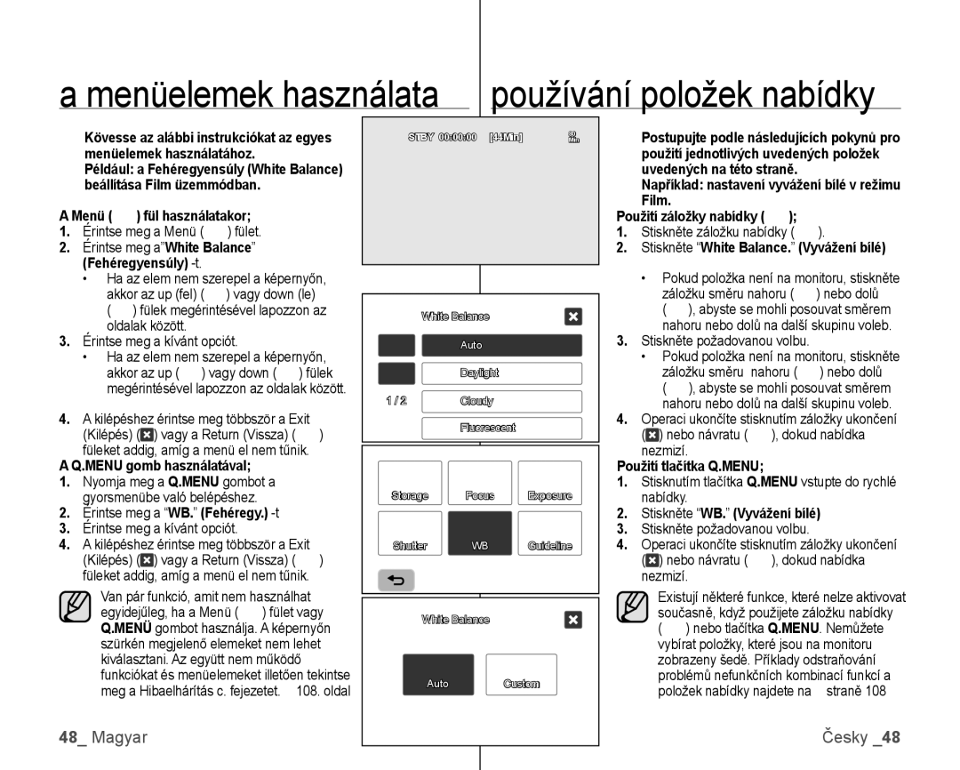 Samsung VP-HMX10C/XEO, VP-HMX10/XEO manual Menüelemek használata používání položek nabídky 