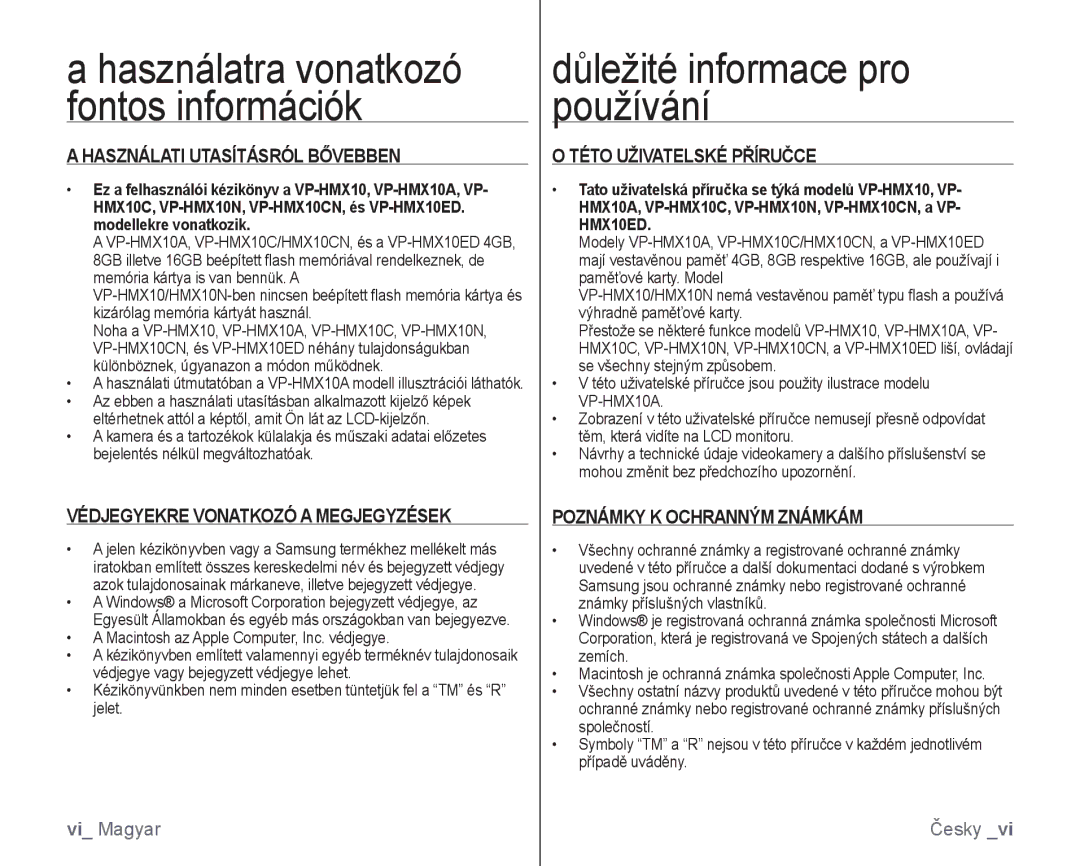 Samsung VP-HMX10C/XEO Használati Utasításról Bővebben, Této Uživatelské Příručce, Védjegyekre Vonatkozó a Megjegyzések 