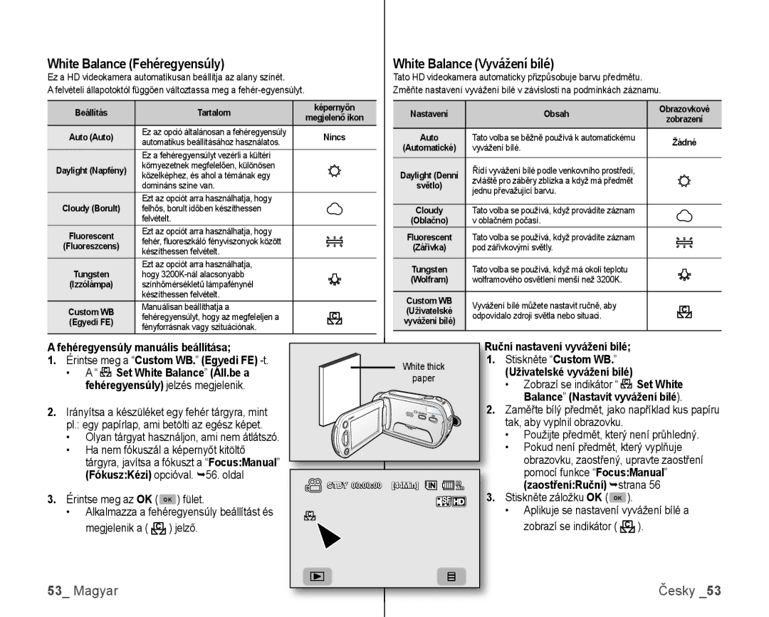Samsung VP-HMX10/XEO, VP-HMX10C/XEO manual White Balance Fehéregyensúly 