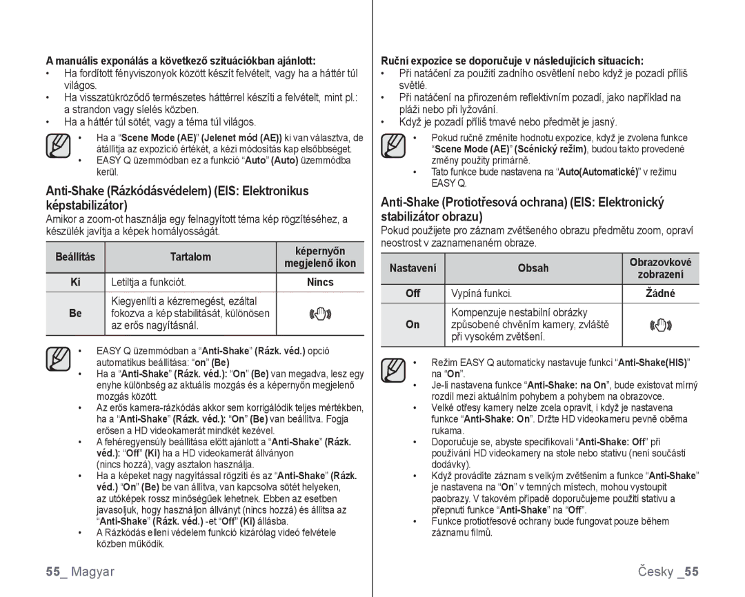 Samsung VP-HMX10/XEO, VP-HMX10C/XEO manual Anti-Shake Rázkódásvédelem EIS Elektronikus képstabilizátor 