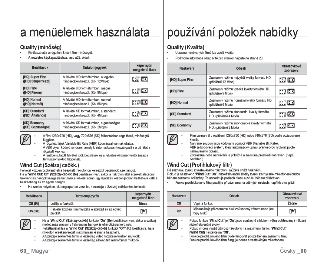 Samsung VP-HMX10C/XEO, VP-HMX10/XEO Quality minőség, Wind Cut Szélzaj csökk, Quality Kvalita, Wind Cut Protihlukový ﬁltr 