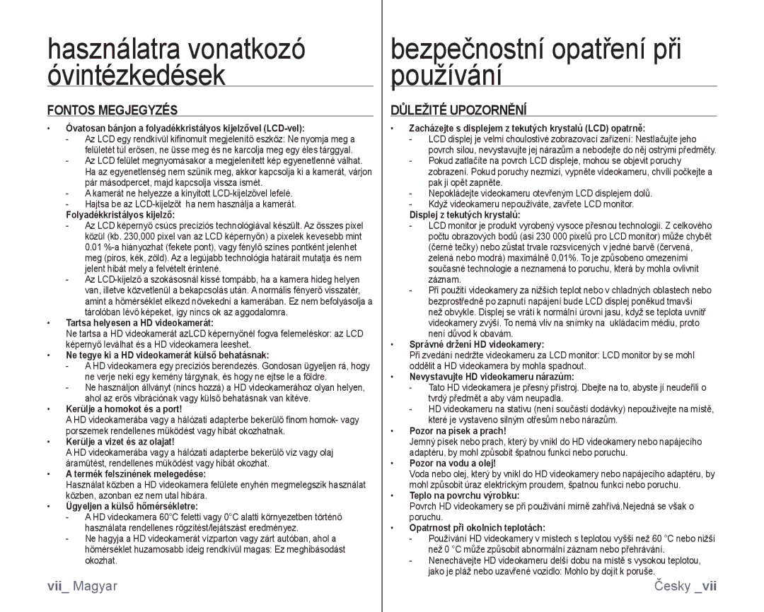 Samsung VP-HMX10/XEO, VP-HMX10C/XEO manual Bezpečnostní opatření při používání, Fontos Megjegyzés, Důležité Upozornění 