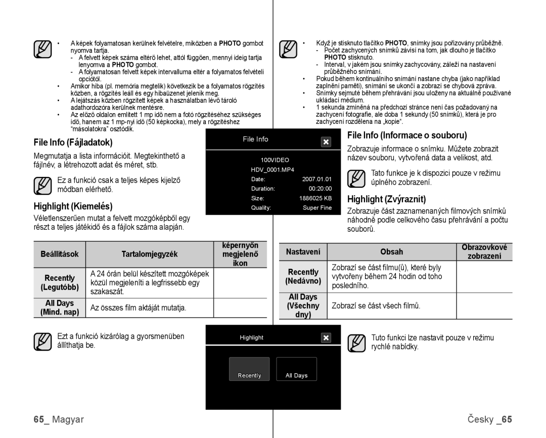 Samsung VP-HMX10/XEO manual File Info Informace o souboru, File Info Fájladatok, Highlight Zvýraznit Highlight Kiemelés 