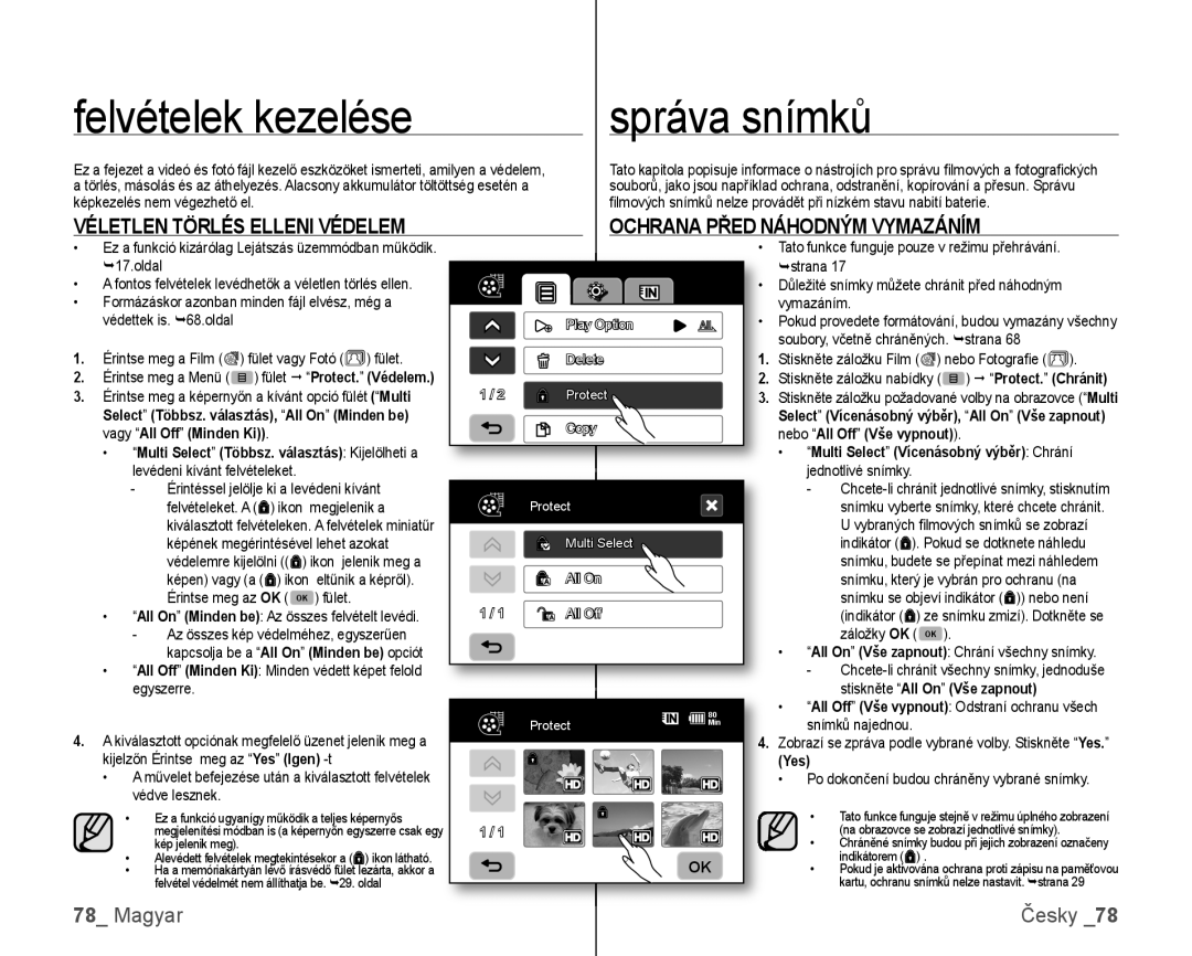 Samsung VP-HMX10C/XEO, VP-HMX10/XEO Felvételek kezelése, Správa snímků, Select Többsz. választás, All On Minden be, Yes 