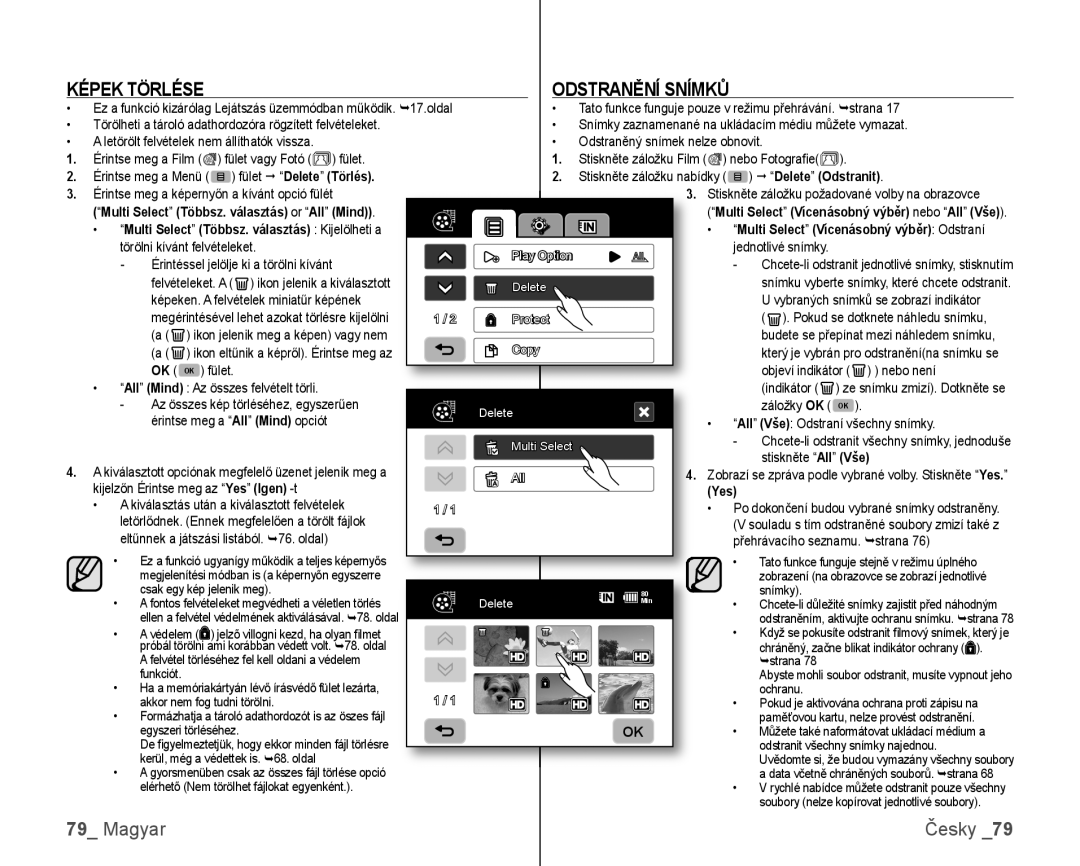 Samsung VP-HMX10/XEO, VP-HMX10C/XEO manual Képek Törlése, Fület  Delete Törlés,  Delete Odstranit 