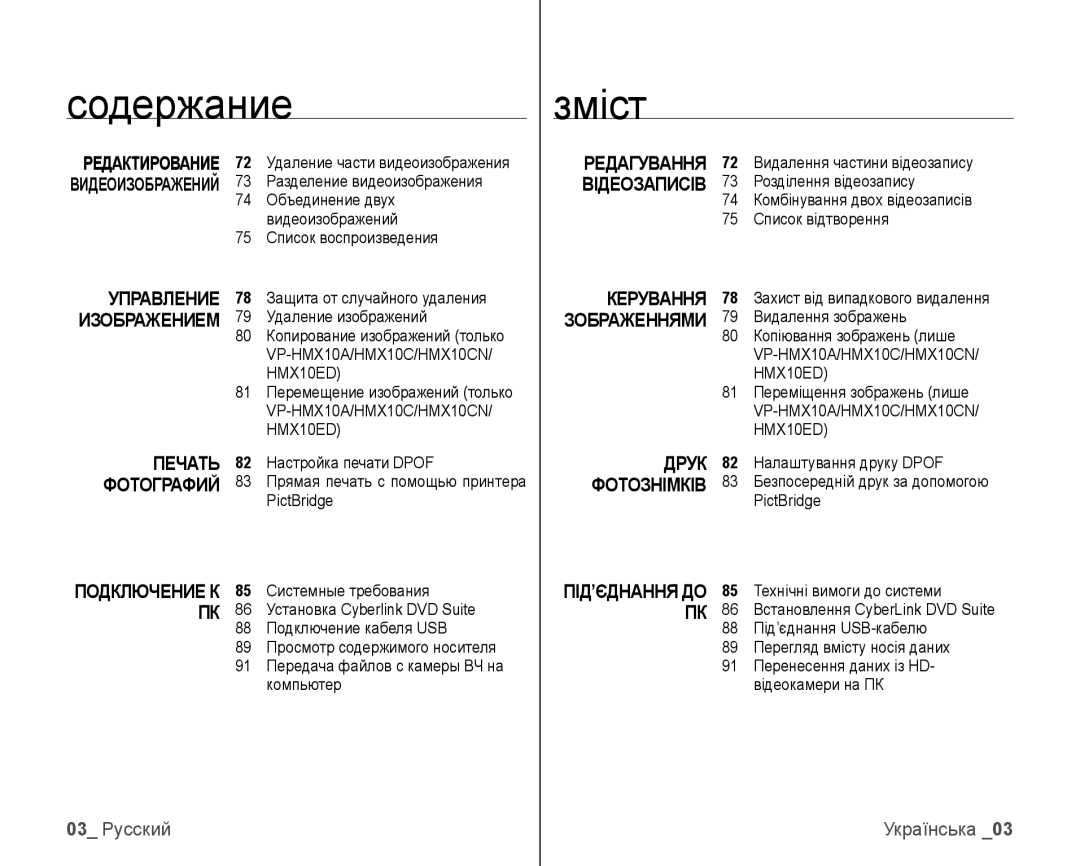 Samsung VP-HMX10C/XEK, VP-HMX10C/XER Управление, Печать, Редагування Відеозаписів Керування, Друк Фотознімків, 03 Русский 