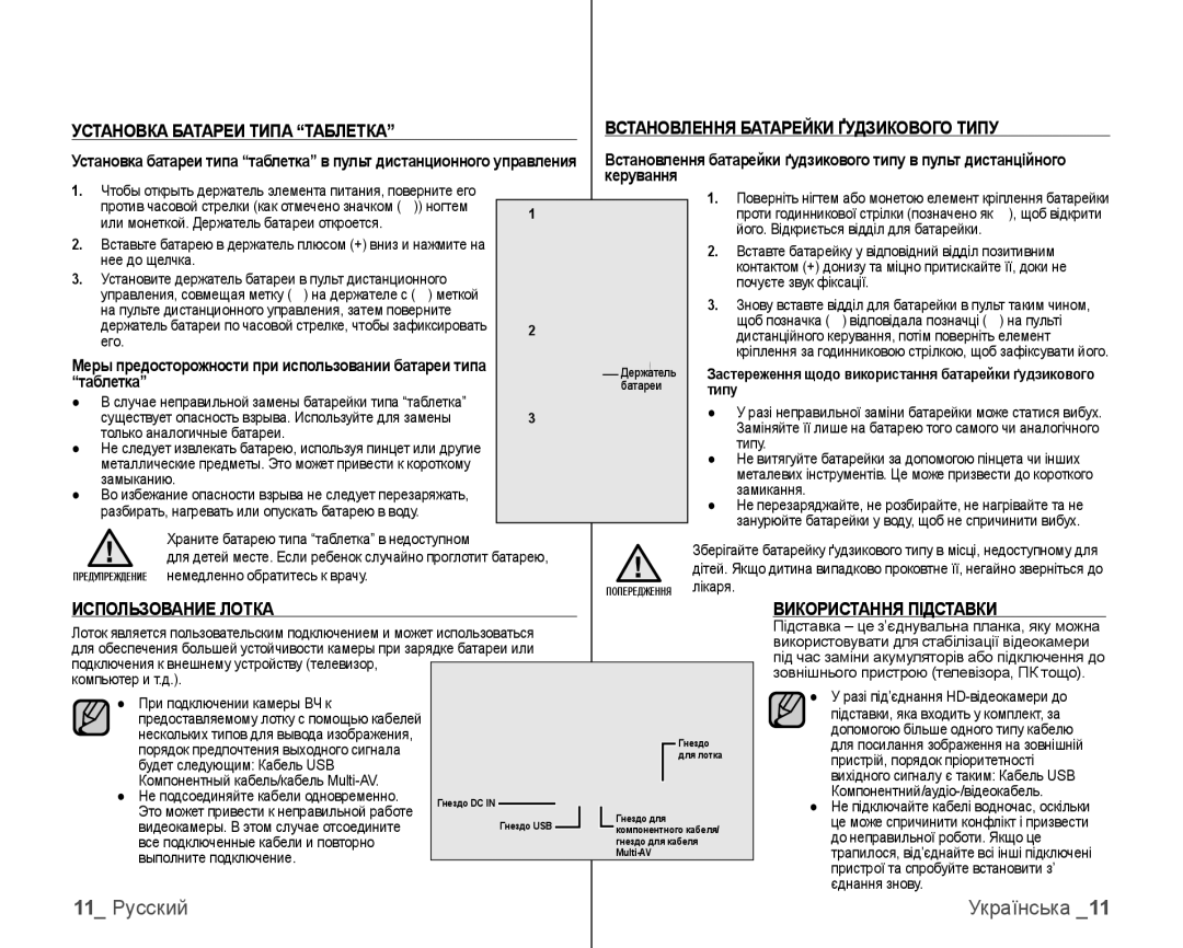 Samsung VP-HMX10C/XEK, VP-HMX10C/XER manual 11 Русский, Таблетка, Использование Лотка, Використання Підставки, Типу 