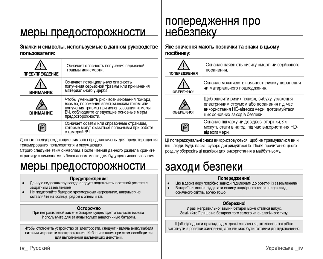 Samsung VP-HMX10C/XER Попередження про небезпеку, Заходи безпеки, Яке значення мають позначки та знаки в цьому посібнику 