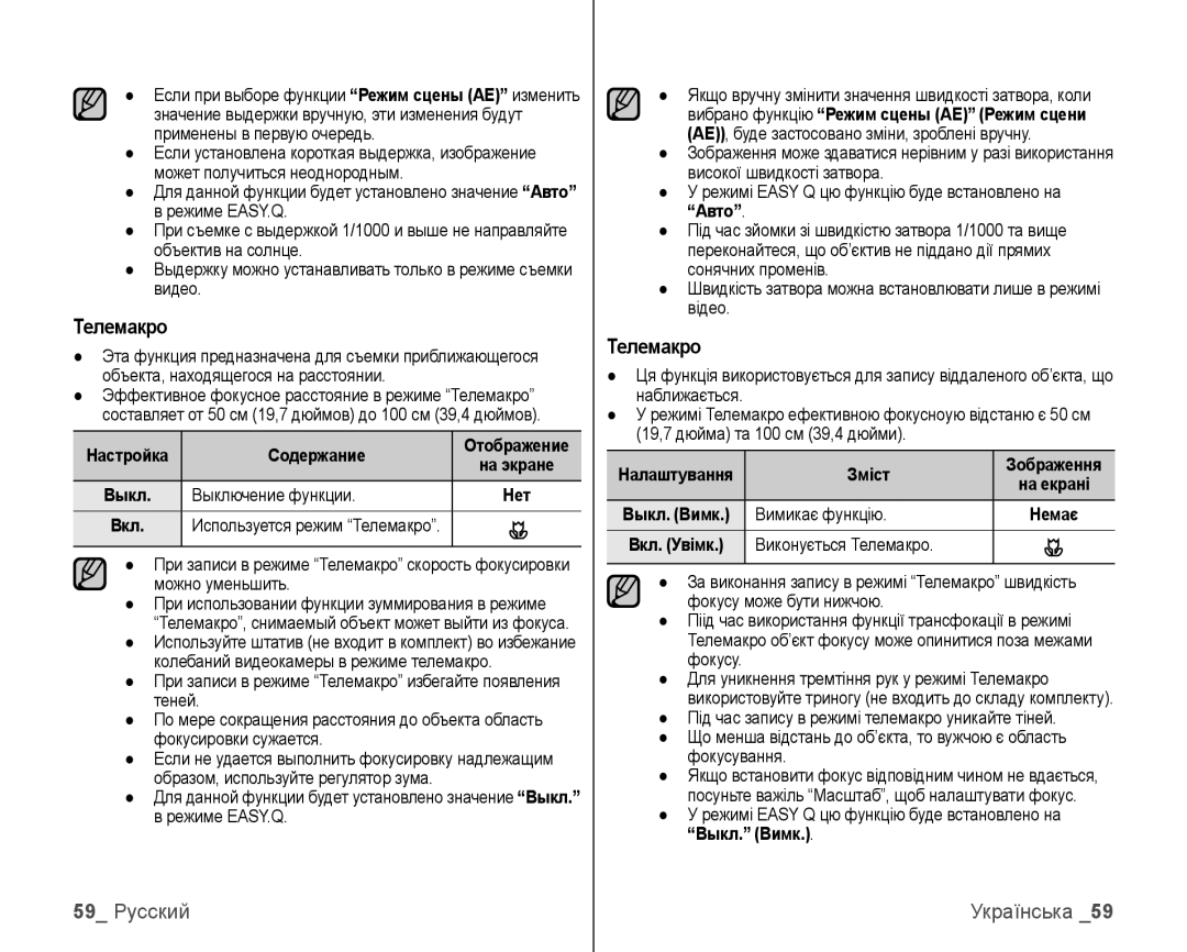 Samsung VP-HMX10C/XEK, VP-HMX10C/XER manual Телемакро, 59 Русский 