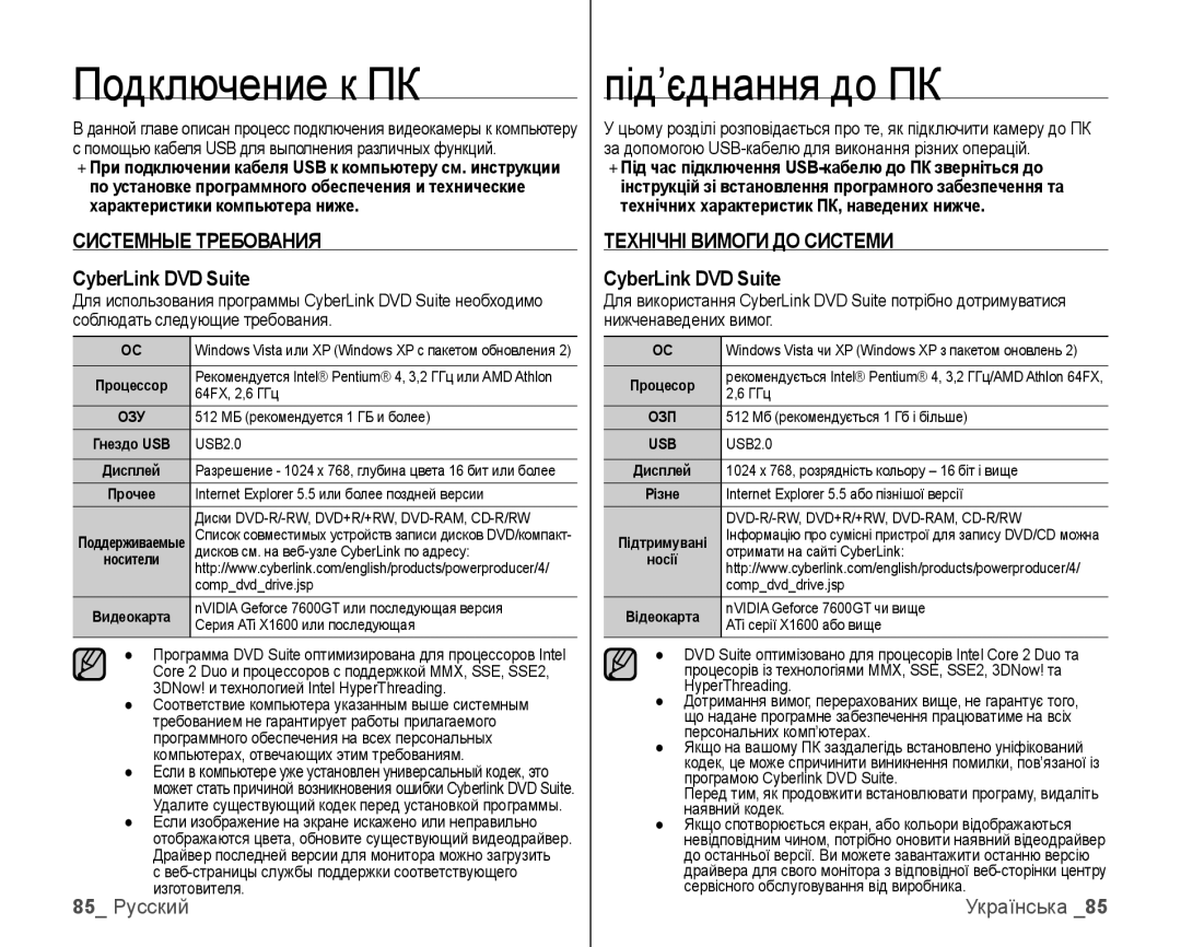 Samsung VP-HMX10C/XEK, VP-HMX10C/XER manual Подключение к ПК, Під’єднання до ПК, Системные Требования, CyberLink DVD Suite 