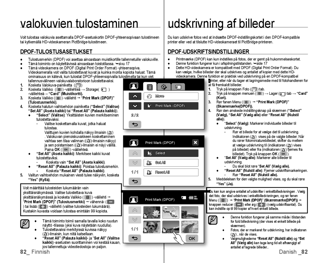 Samsung VP-HMX10/XEE Valokuvien tulostaminen udskrivning af billeder, Dpof-Tulostusasetukset, Dpof-Udskriftsindstillinger 