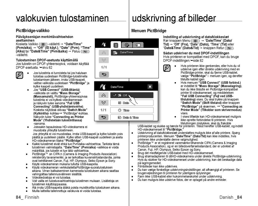 Samsung VP-HMX10/XEE manual Udskrivning af billeder, PictBridge-valikko Menuen PictBridge, Asettaminen 