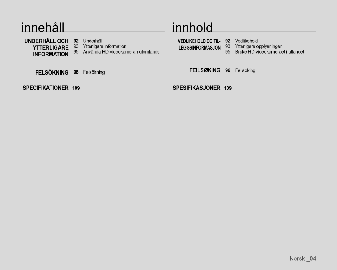 Samsung VP-HMX10/XEE manual Innehållinnhold, Ytterligare, Information, Felsökning, Feilsøking 