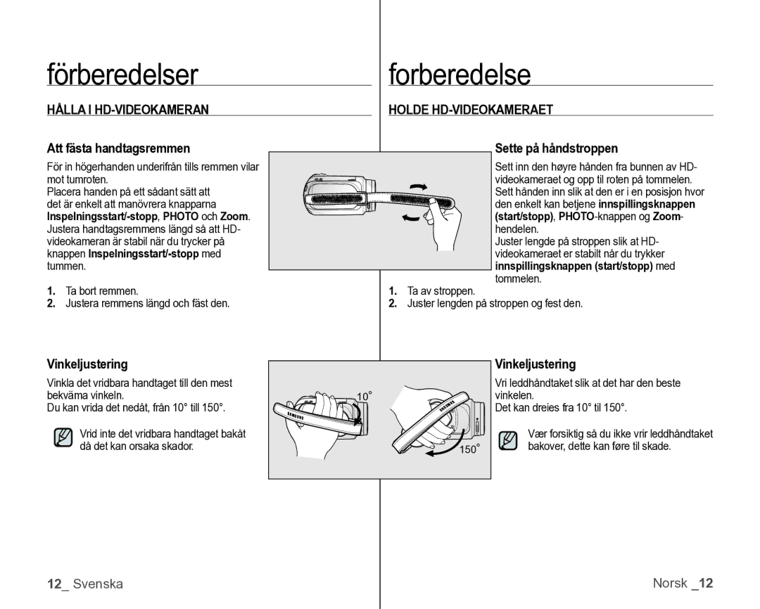 Samsung VP-HMX10/XEE manual Hålla I HD-VIDEOKAMERAN, Att fästa handtagsremmen, Vinkeljustering, Holde HD-VIDEOKAMERAET 