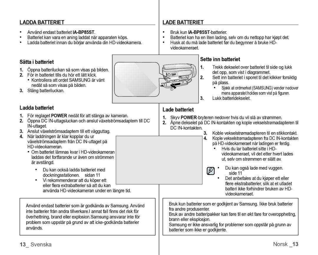 Samsung VP-HMX10/XEE Ladda Batteriet Lade Batteriet, Sätta i batteriet Tte inn batteriet, Ladda batteriet Lade batteriet 