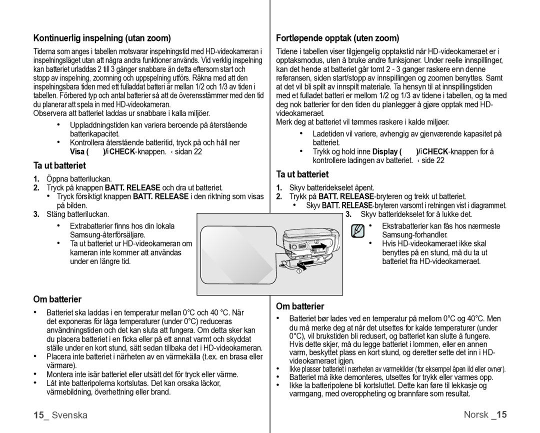 Samsung VP-HMX10/XEE manual Kontinuerlig inspelning utan zoom, Ta ut batteriet, Om batterier, Fortløpende opptak uten zoom 