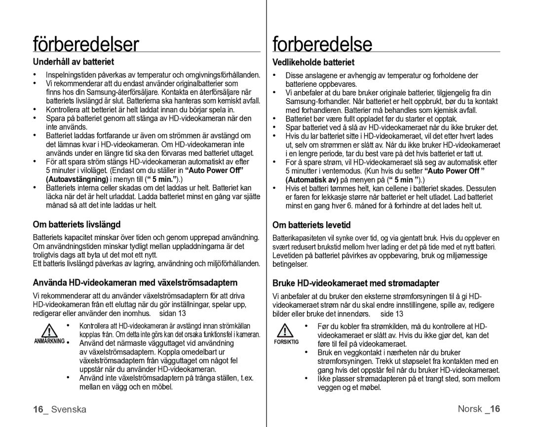 Samsung VP-HMX10/XEE manual Underhåll av batteriet, Vedlikeholde batteriet, Om batteriets livslängd, Om batteriets levetid 