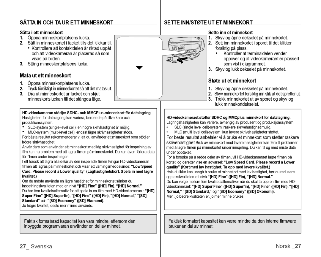 Samsung VP-HMX10/XEE manual Sätta in OCH TA UR ETT Minneskort, Mata ut ett minneskort, Sette INN/STØTE UT ET Minnekort 