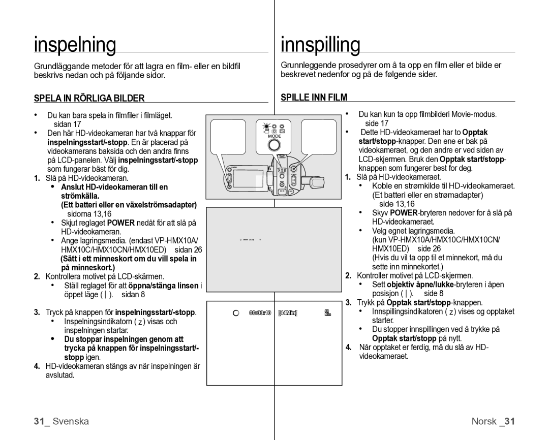 Samsung VP-HMX10/XEE manual Inspelning, Innspilling, Spela in Rörliga Bilder Spille INN Film 