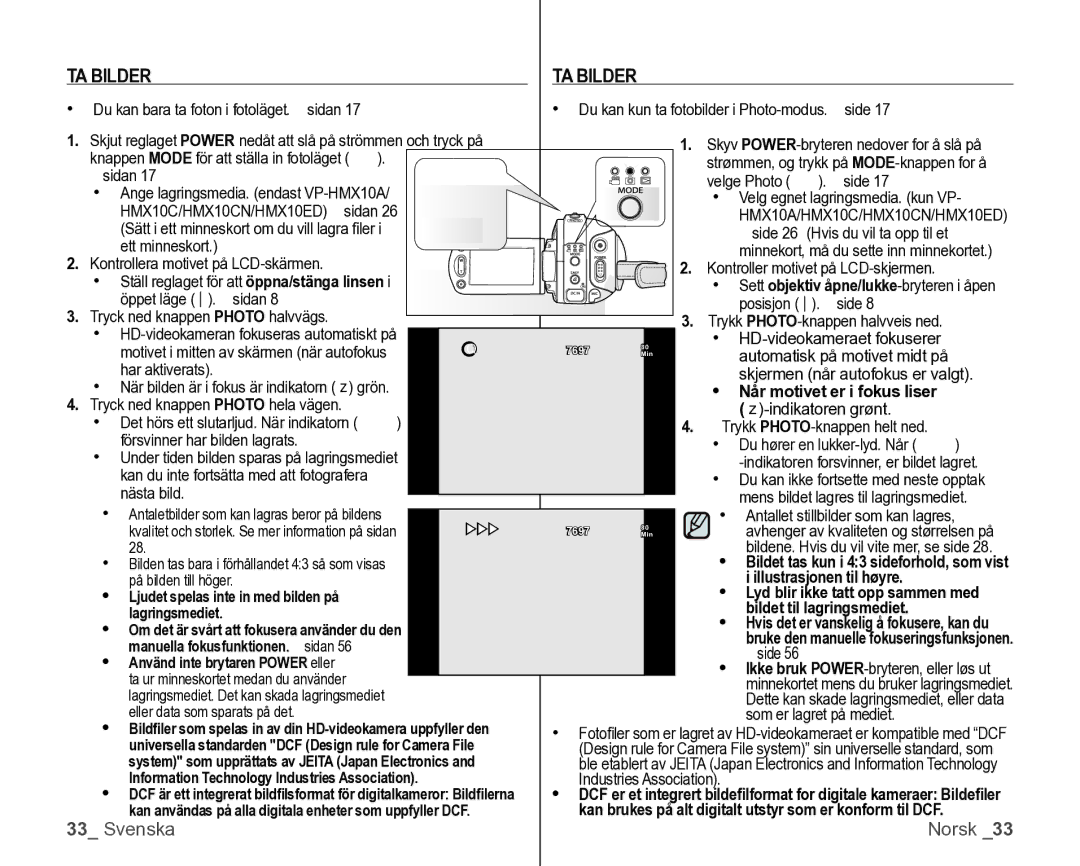 Samsung VP-HMX10/XEE manual TA Bilder, Når motivet er i fokus liser, Illustrasjonen til høyre 