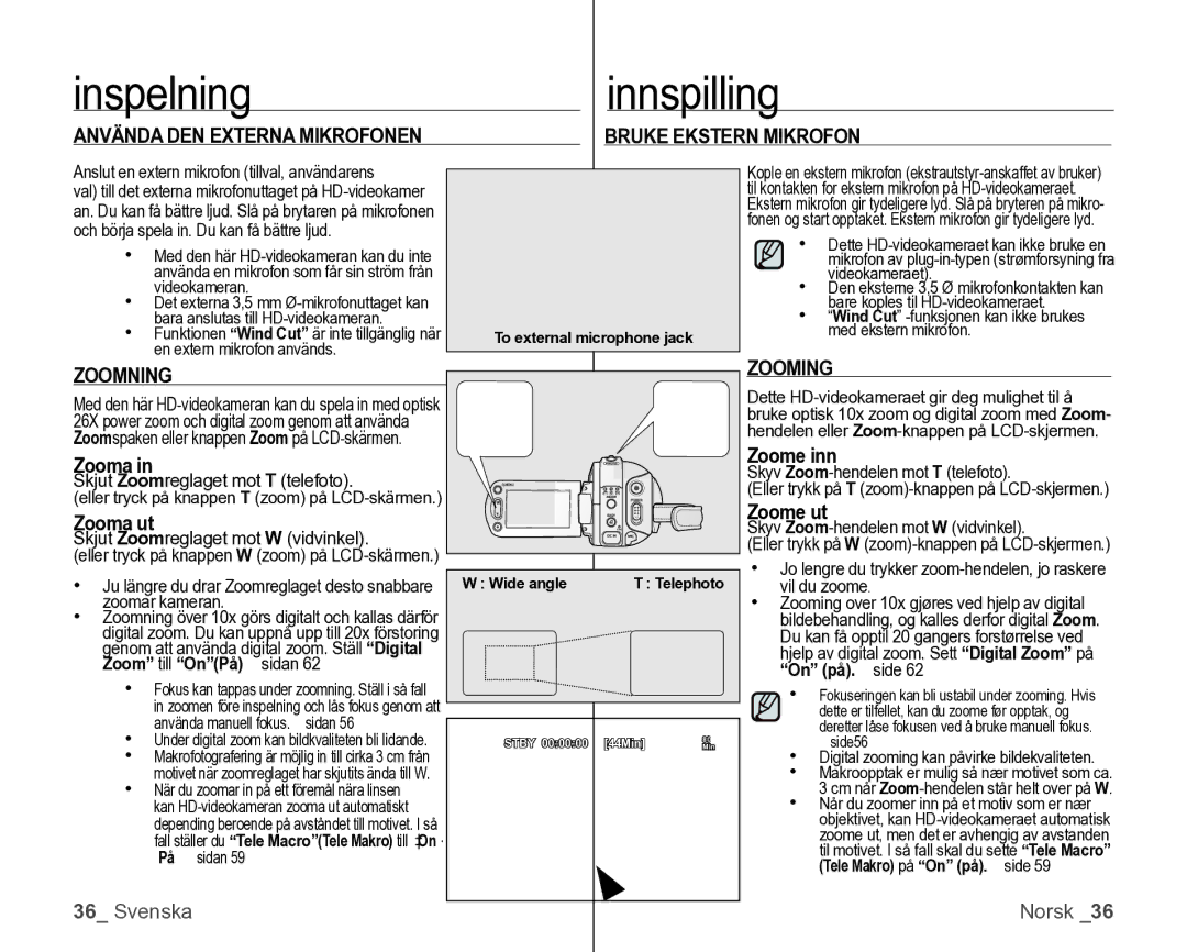 Samsung VP-HMX10/XEE manual Använda DEN Externa Mikrofonen Bruke Ekstern Mikrofon, Zoomning, Oming 