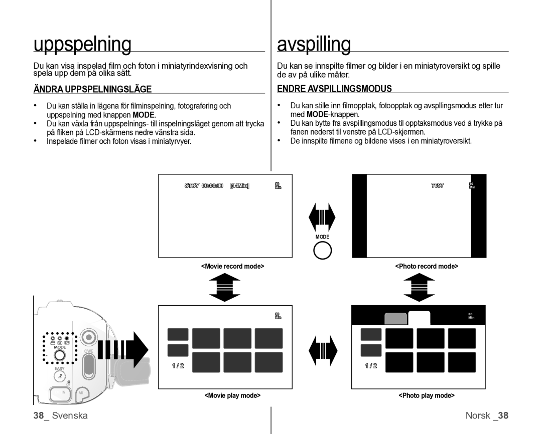 Samsung VP-HMX10/XEE manual Ändra Uppspelningsläge, Endre Avspillingsmodus 